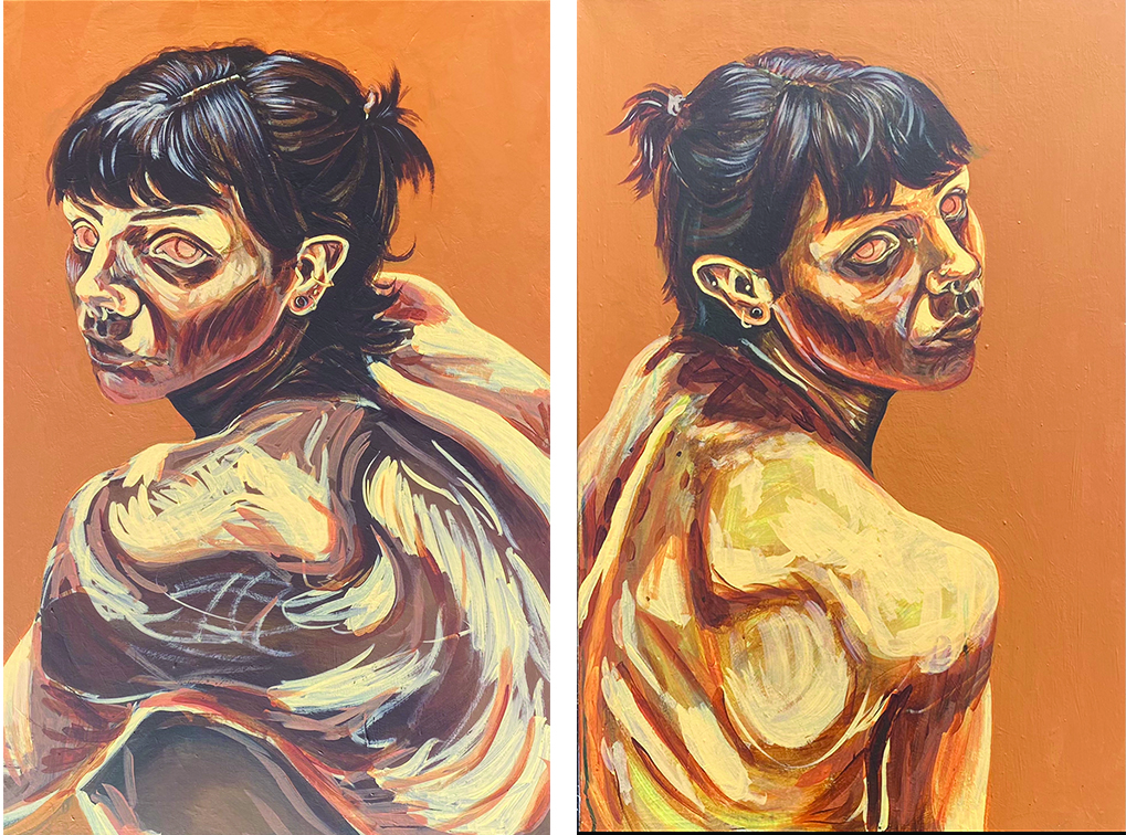 two portrait paintings by Taylor Lemke in yellow brown tones